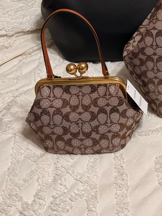 Coach Handbags - Small Coach Brown Signature Rhinestone Jacquard Kisslock Frame Bag